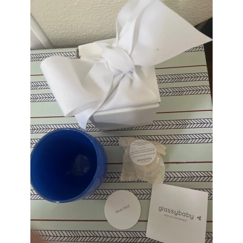 NWT Glassybaby BLUE BIRD 0340 Art Glass Votive Candle Holder & tea light w/ box